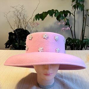 Elegant Pink Wool Hat With White Sequined Beaded Accent